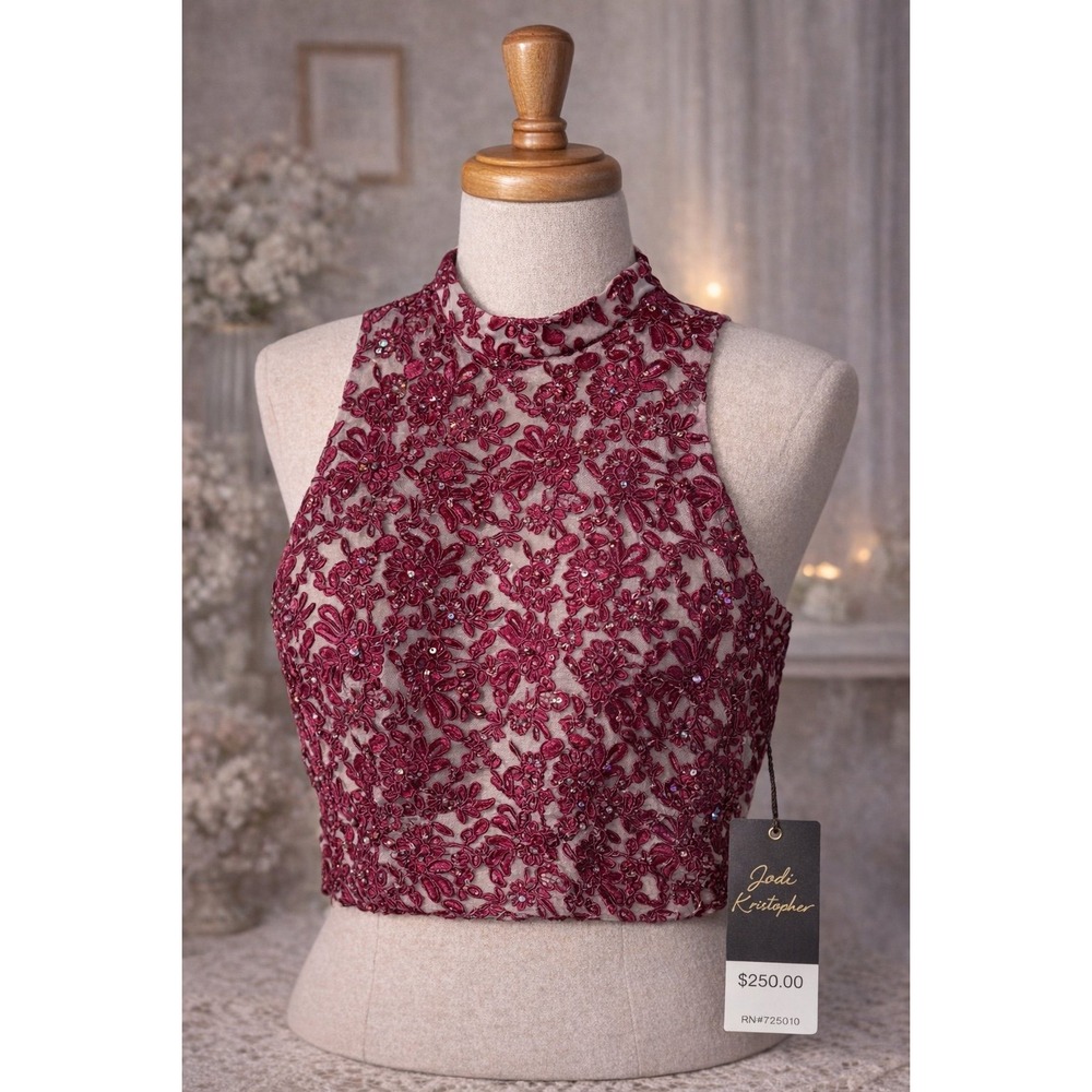 #80 Jodi Kristopher Burgundy Lace Sequin Crop Top – Size 15 – NWT